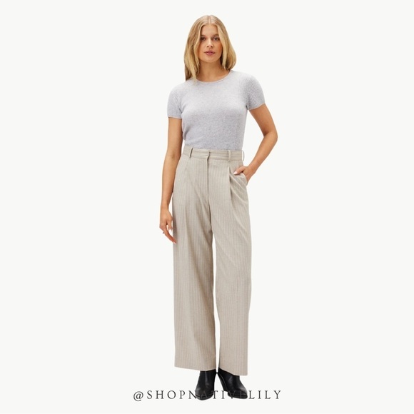 NWT Amour Vert Women’s Pleated Wide Leg Trouser | Sz 8 | Natural (Tan) Striped - Picture 7 of 15